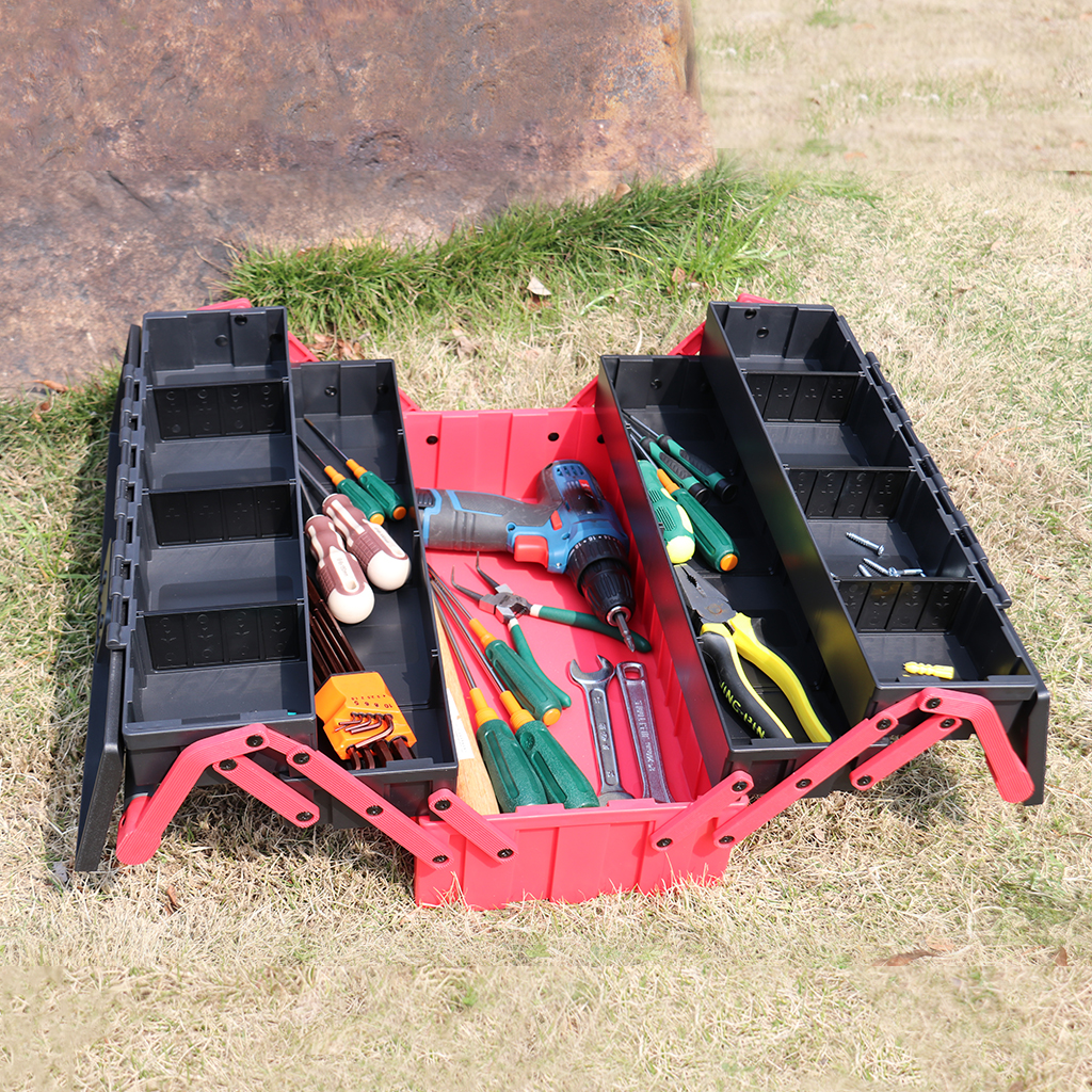 plastic toolbox with multiple layers for organized tool storage