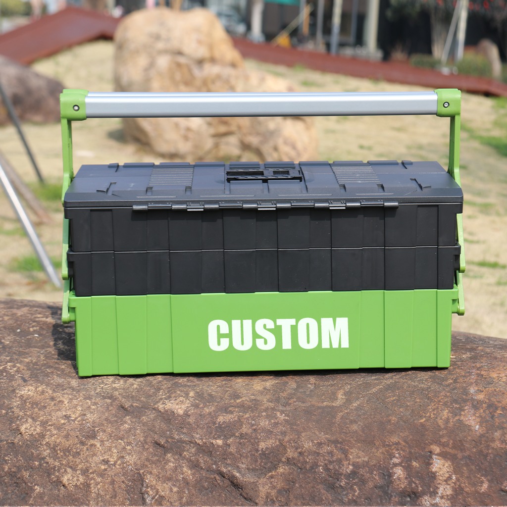 This is a toolbox Green 5-layer plastic toolbox closed with handle view