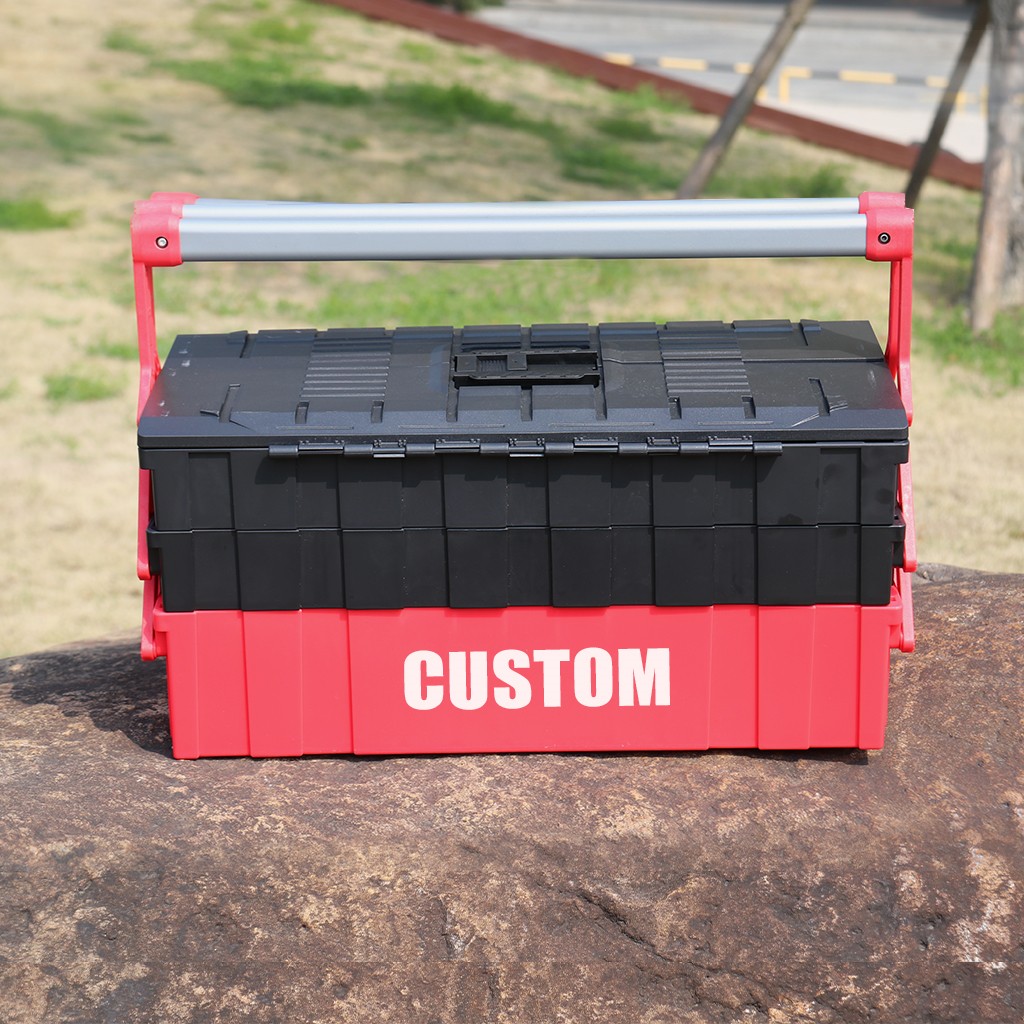 This is a toolbox Red 5-layer plastic toolbox closed with handle view