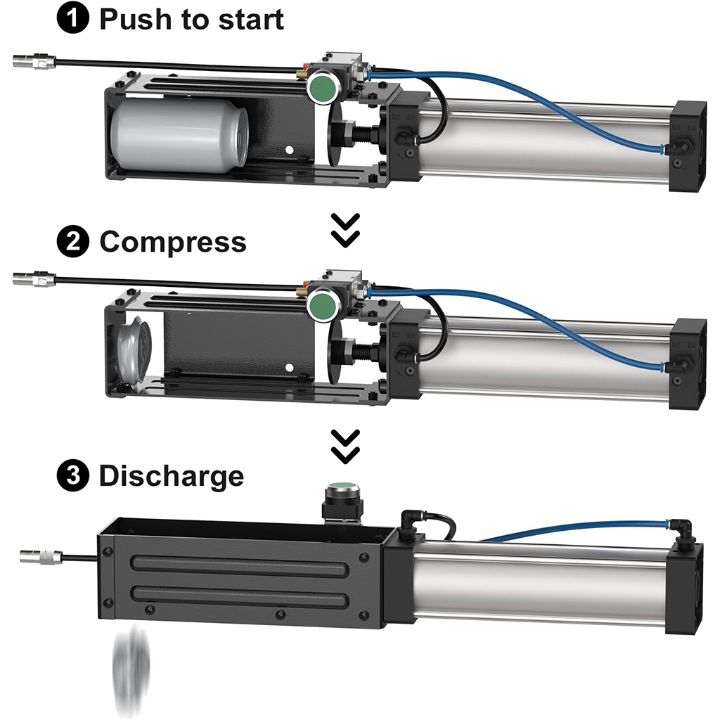 1 Silver-black pneumatic can crusher working steps diagram