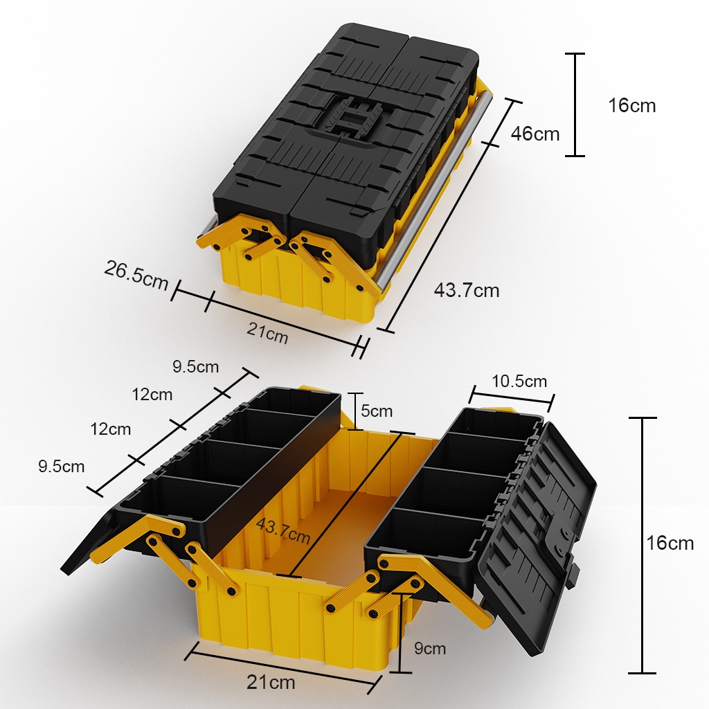 Yellow black 3-layer plastic toolbox size diagram