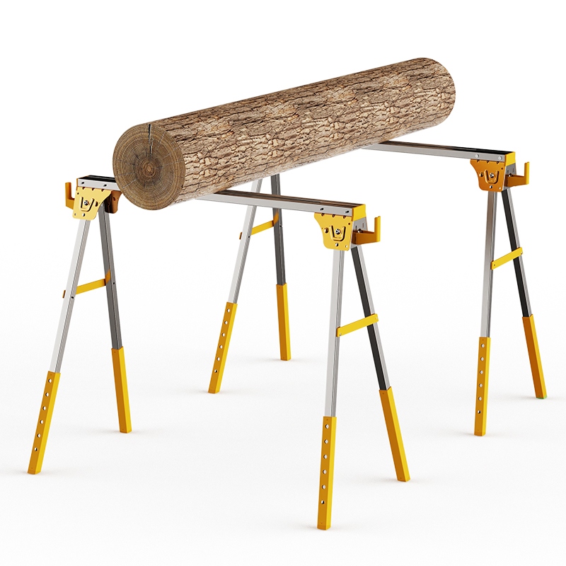 This is a sawhorse, a common tool used in woodworking and construction. It features a sturdy metal frame with legs that are angled for stability. Yellow height adjustable sawhorse holding heavy wood log