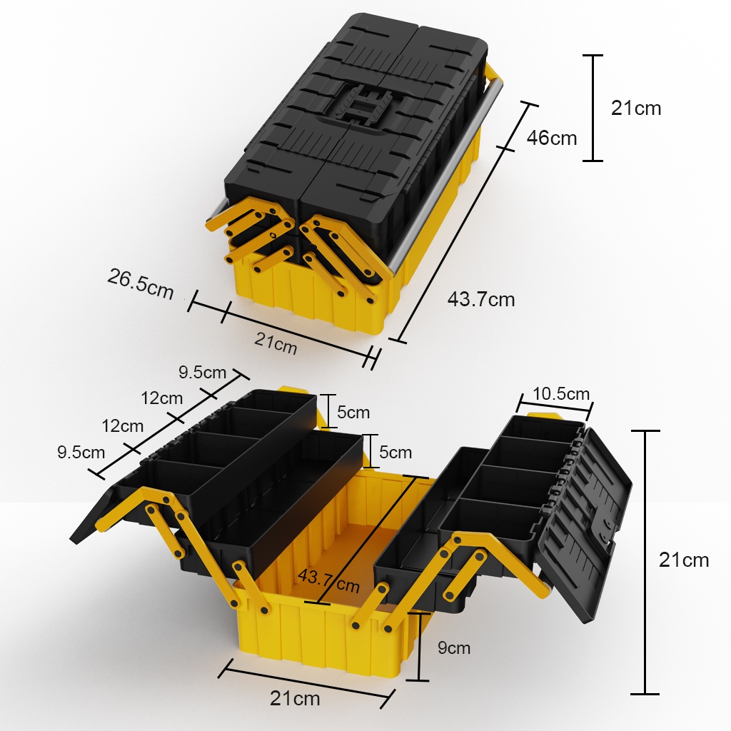 Yellow 5-layer plastic toolbox size diagram