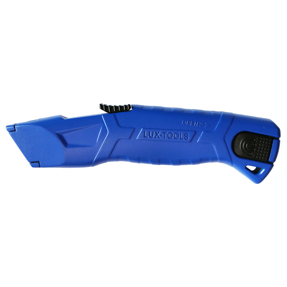 The image shows two views of a utility knife. The top view displays the exterior of the knife when it is closed. Blue safety utility knife blade retracted side view