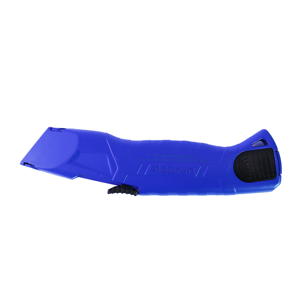 The image shows two views of a utility knife. The top view displays the exterior of the knife when it is closed. Blue safety utility knife back side view