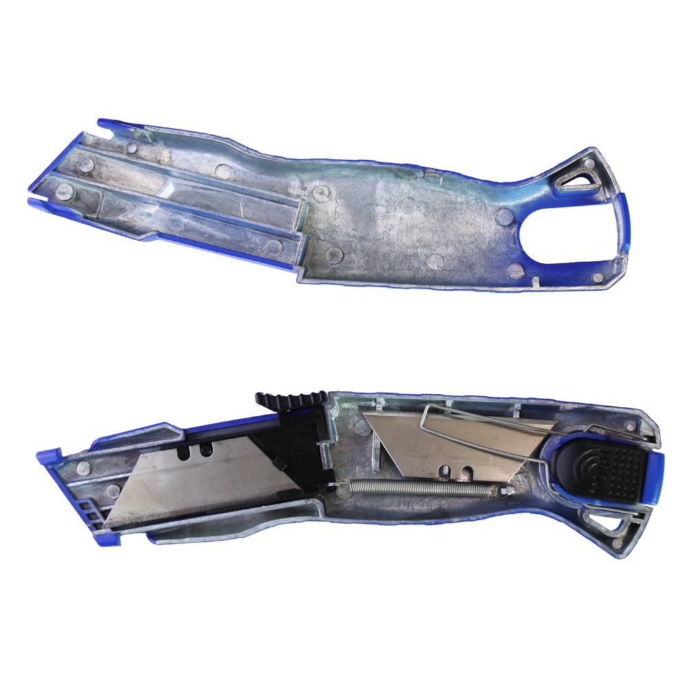 The image shows two views of a utility knife. The top view displays the exterior of the knife when it is closed. Blue safety utility knife internal structure view