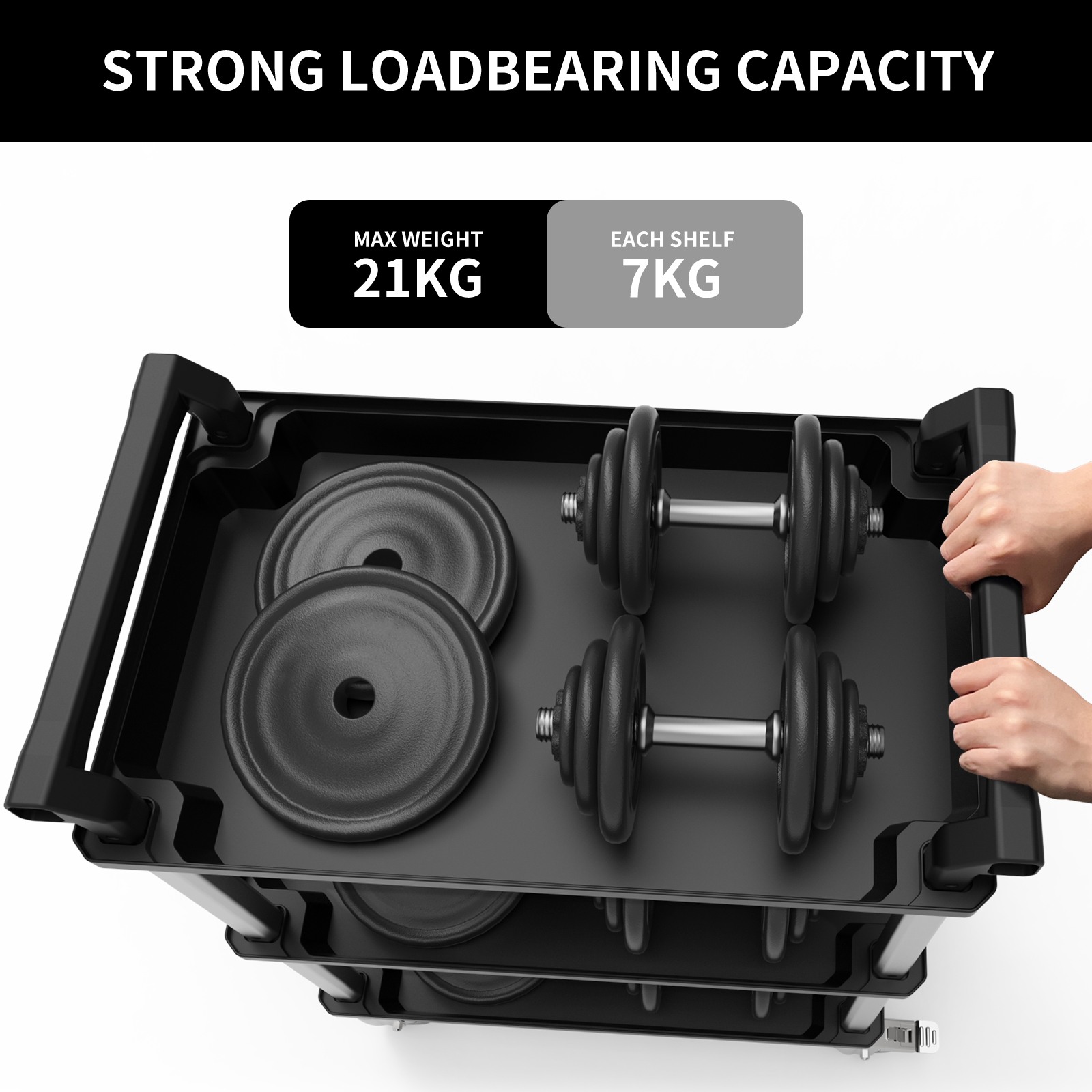 Black 3-tier rolling cart load capacity test view