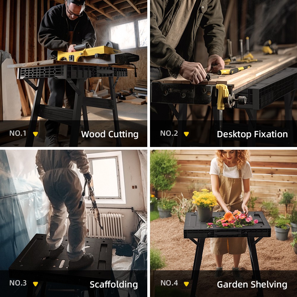 This image showcases four different uses of a workbench in various settings. Foldable workbench multi-scenario usage examples
