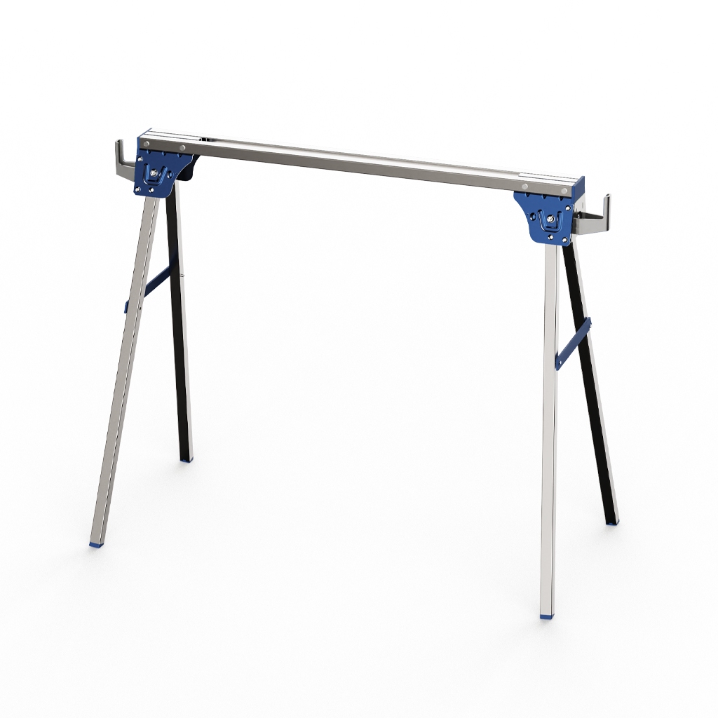The image showcases a pair of sawhorses with impressive load - bearing capacities Blue foldable sawhorse fully unfolded