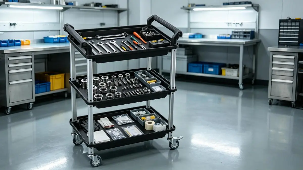 tiered rolling cart organized for multi-item workflows