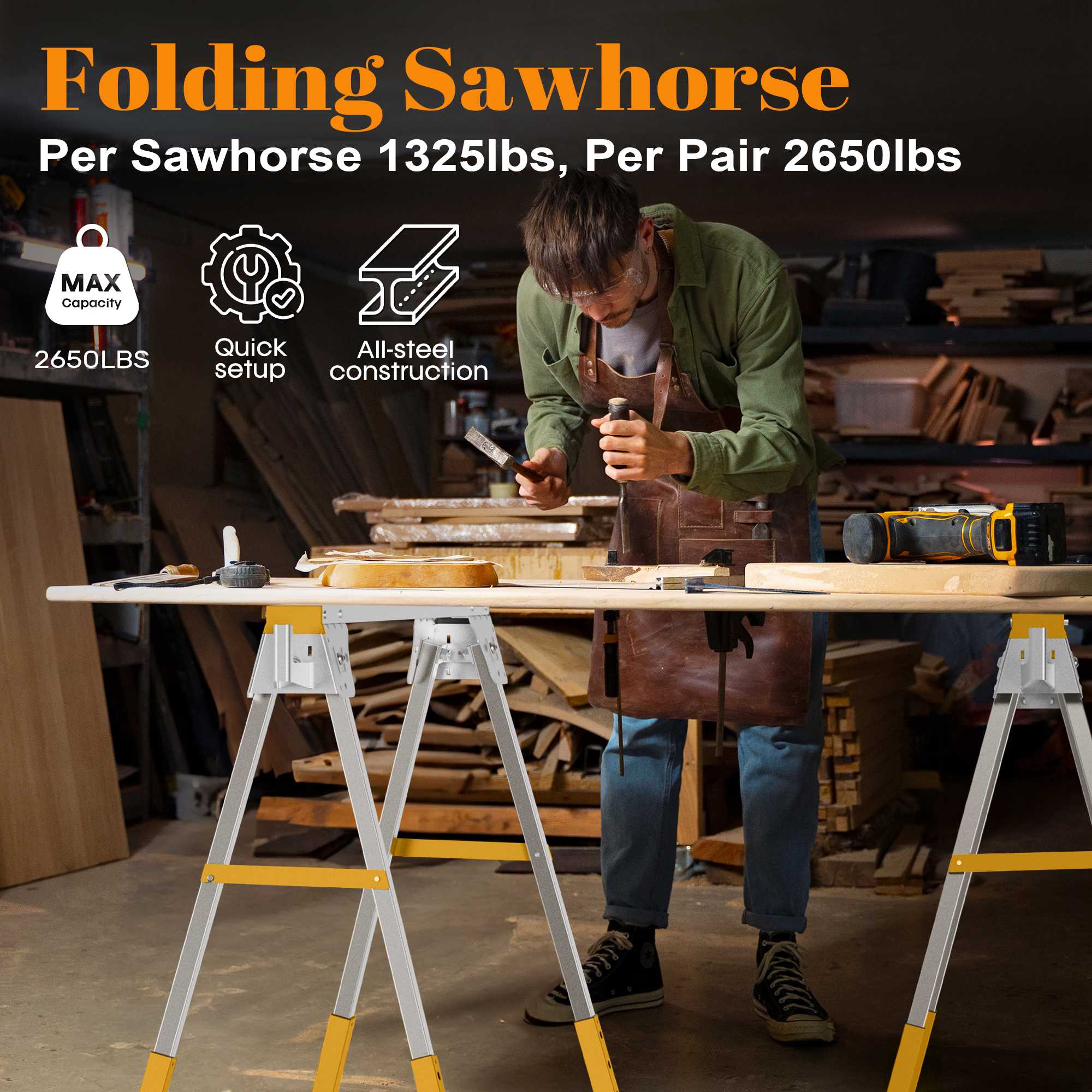 This image shows sawhorses, which are wooden frames used to support wood while it is being cut Foldable workbench multi-scenario usage examples