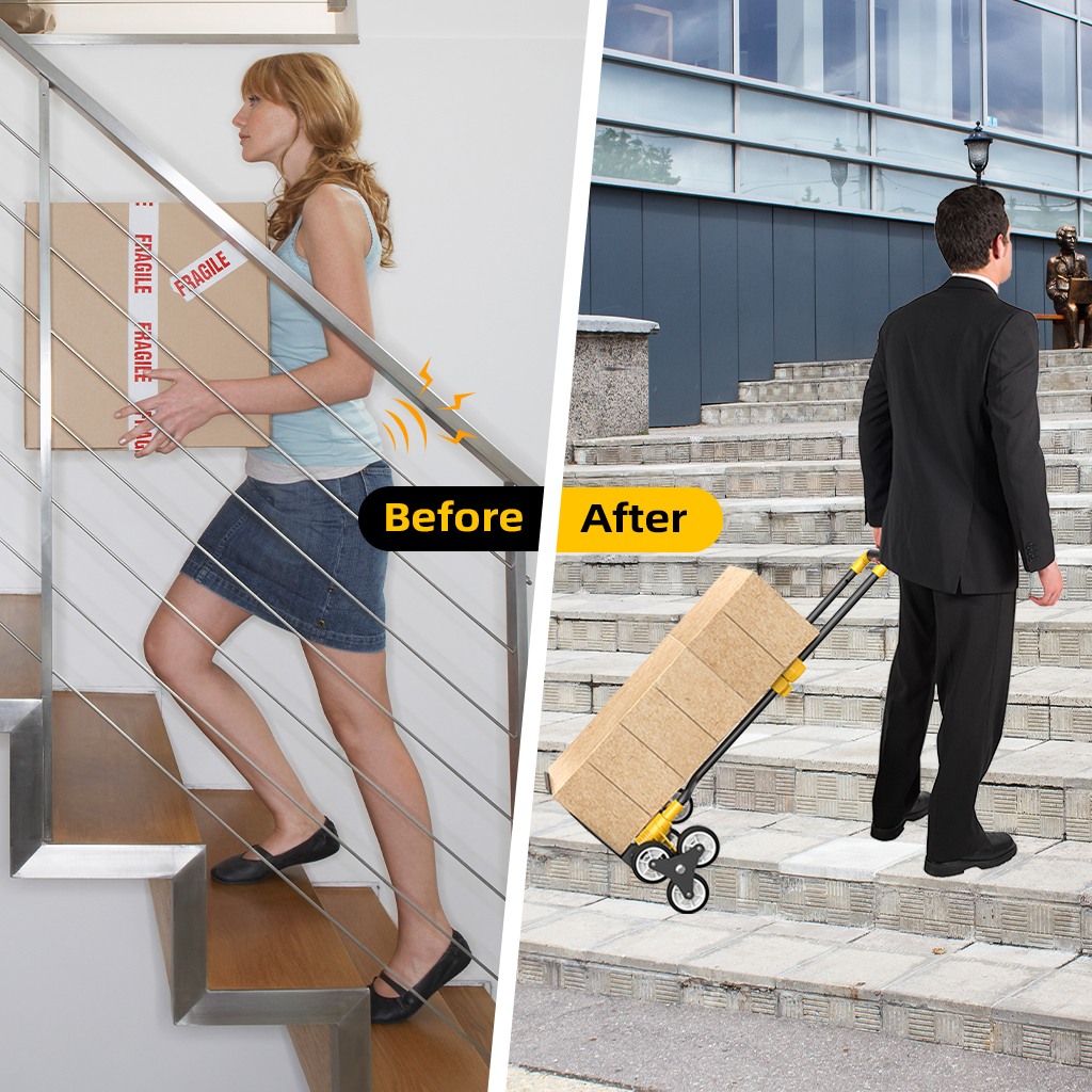 Yellow-black stair climbing hand truck stair moving comparison scene
