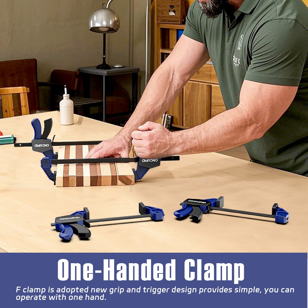 Worker using one hand bar clamp for woodworking assembly