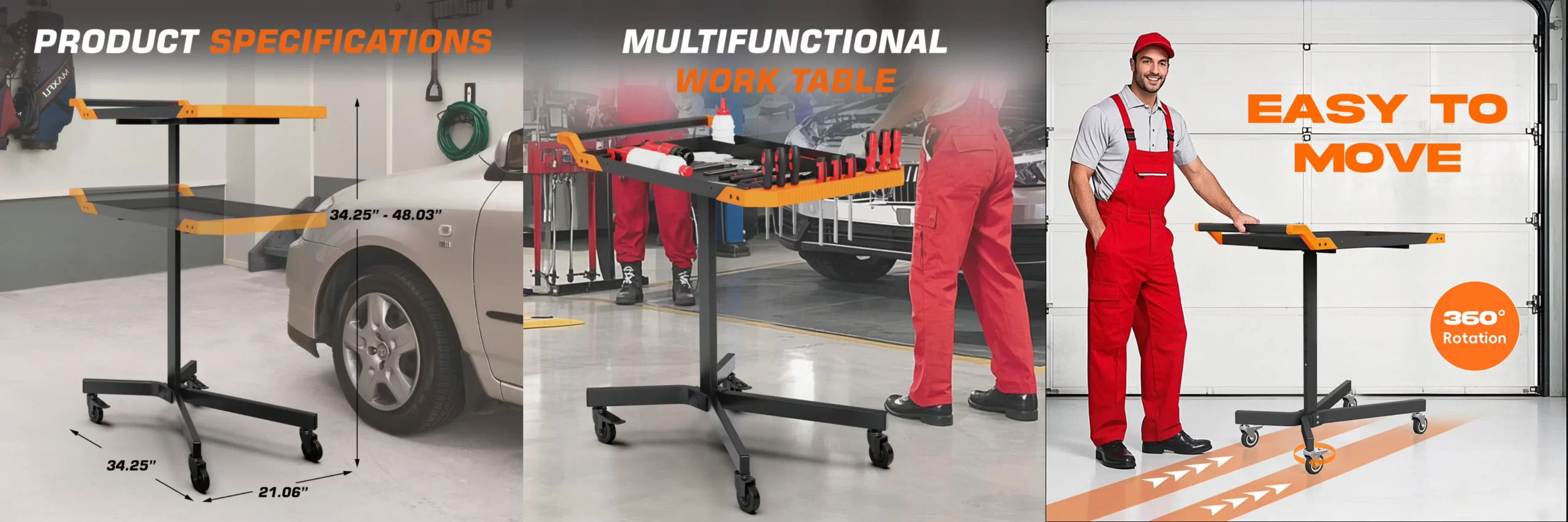 Adjustable mobile work table applications in workshop garage and assembly areas
