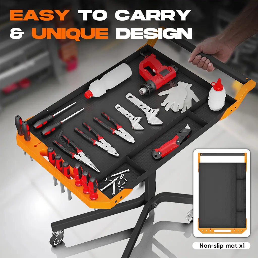 mobile-work-table-tabletop-storage-detail Mobile work table tabletop with storage slots and non-slip mat