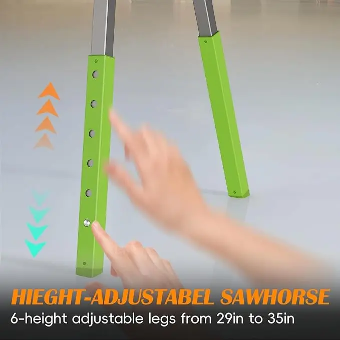 Adjustable height folding sawhorse design for different working requirements