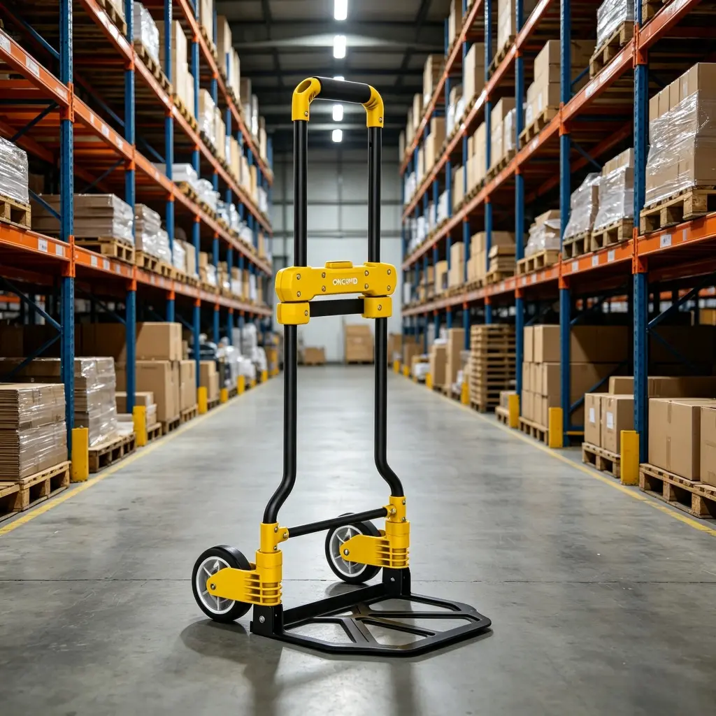 Folding Hand Truck in Heavy Duty Warehouse Aisle