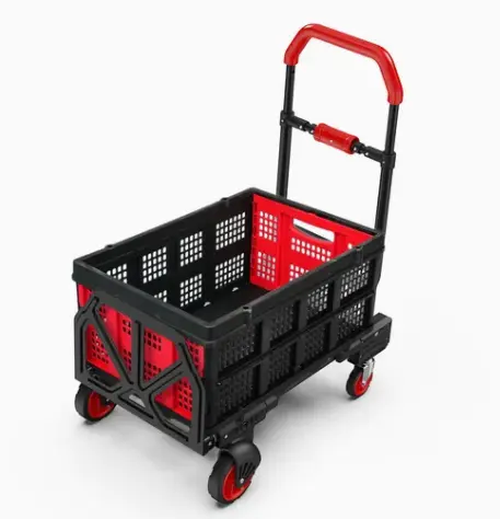 Folding basket hand truck for transporting and organizing loose items