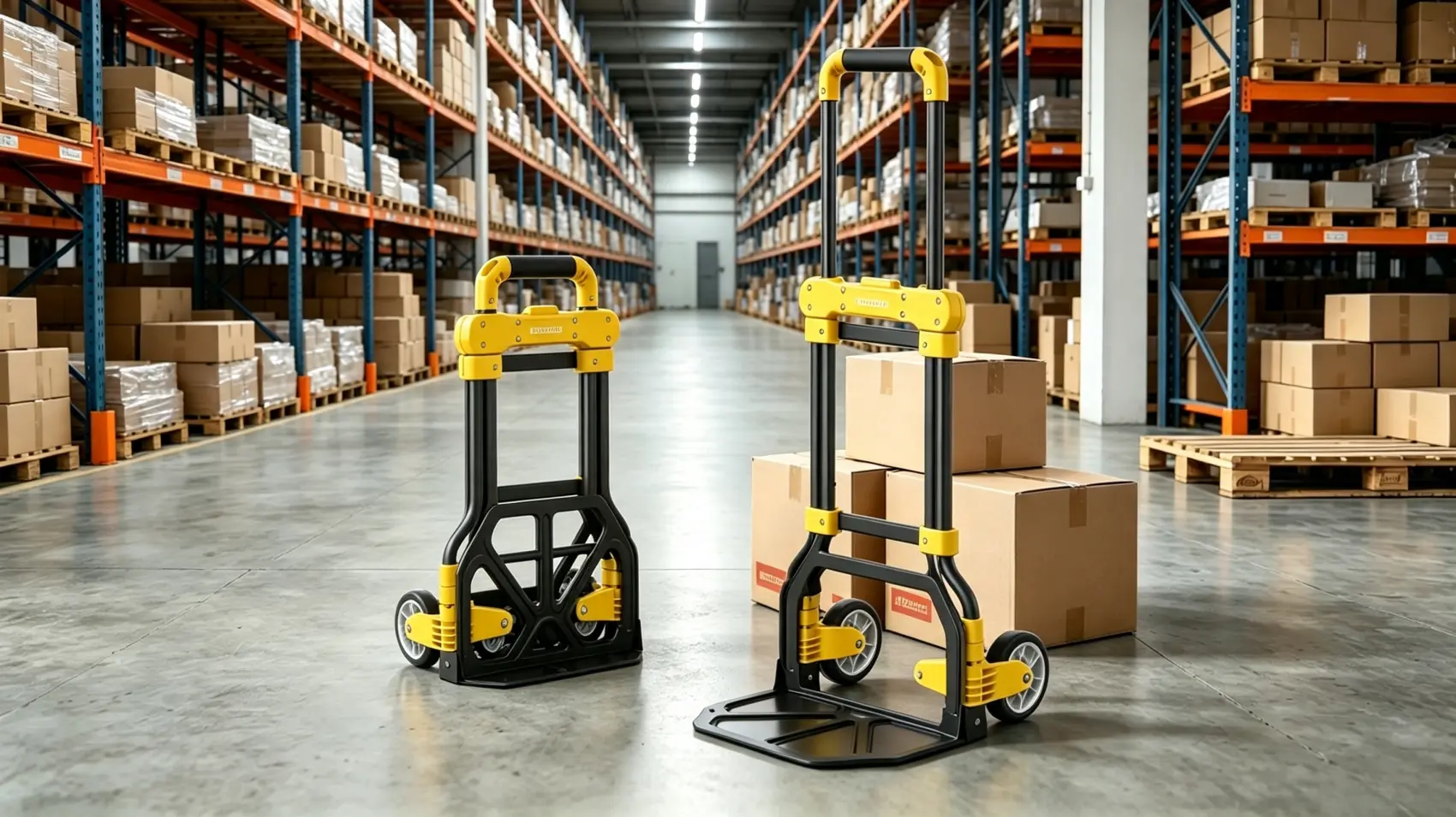 Folding hand truck, folded storage and fully unfolded working position inside industrial warehouse
