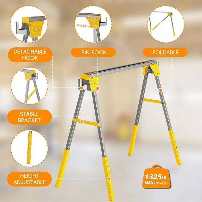 Metal PP and TPR components of a folding sawhorse