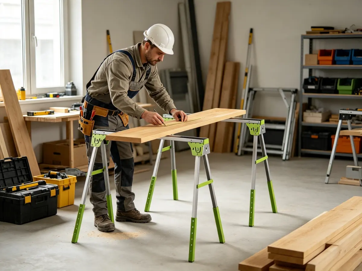 Professional worker using folding sawhorse in modern workspace