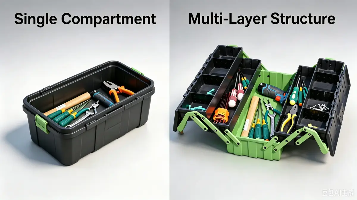 Small toolbox maximizing storage within a compact footprint