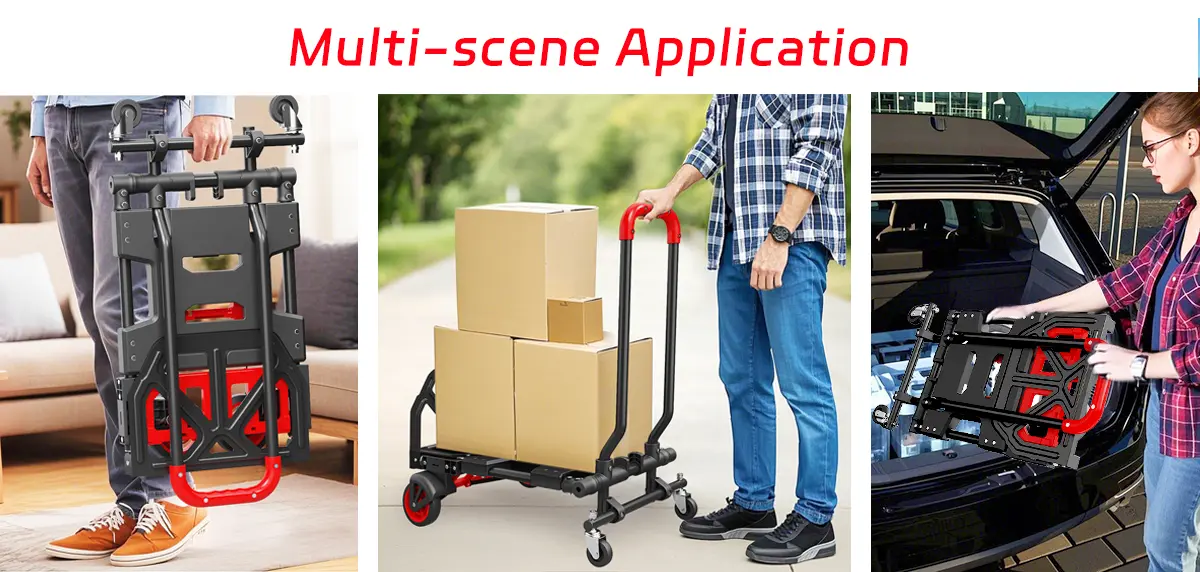 folding hand truck applications in warehouse delivery and home use