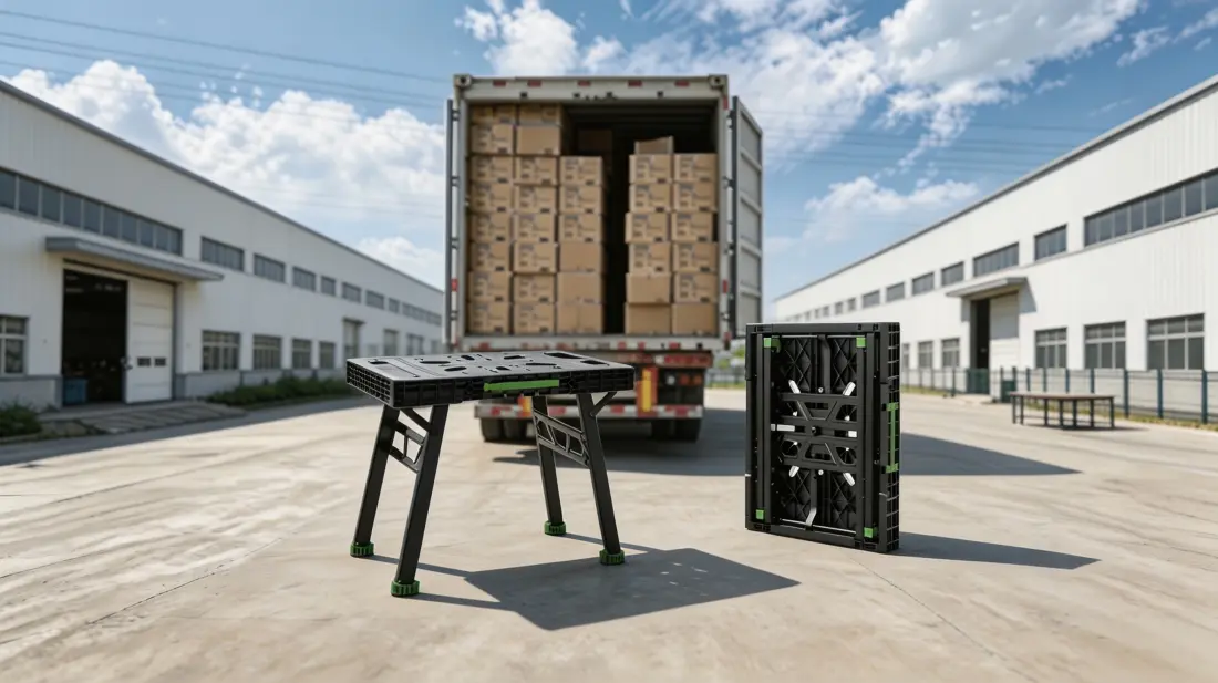 Folded and unfolded folding workbench for storage and transport