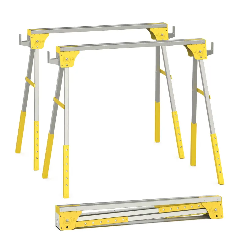 Folded and unfolded portable sawhorse for professional use