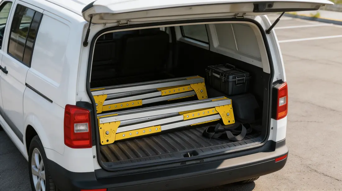 Folded sawhorse stored efficiently inside a professional work vehicle