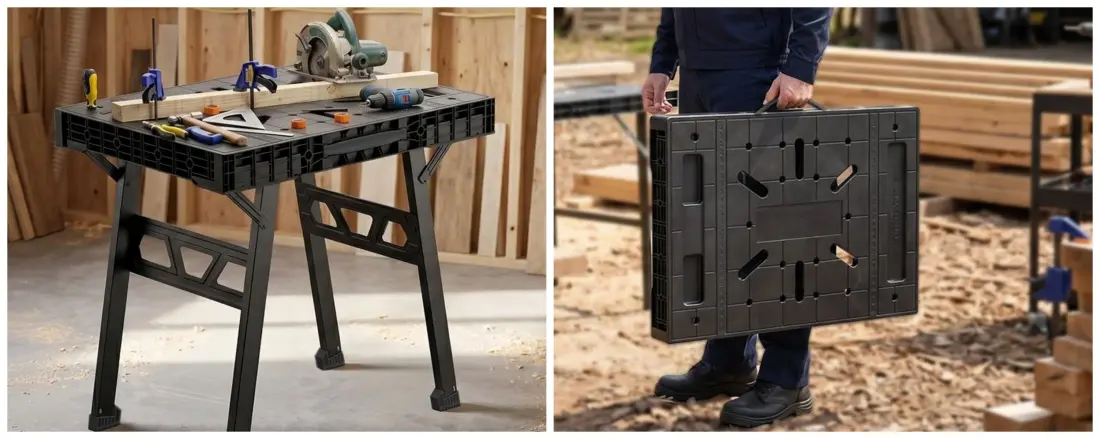 Folding workbench in working and storage configurations