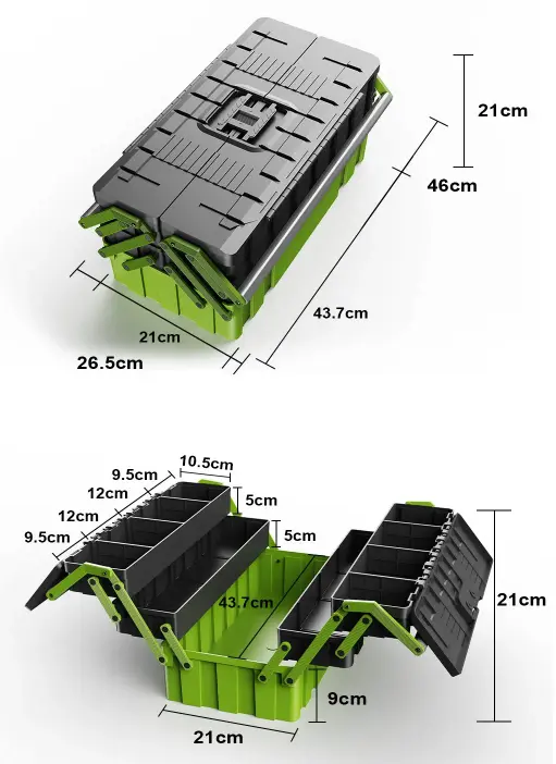Hand-held toolbox dimensions and carrying profile