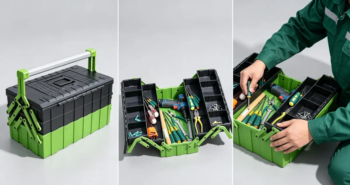 Hand-held toolbox opening and carrying workflow
