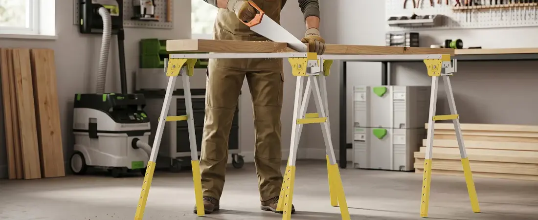 Metal folding sawhorse designed for professional woodworking and construction use