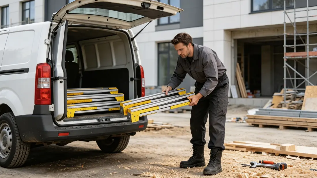 Professional worker carrying a portable folded sawhorse from a work vehicle