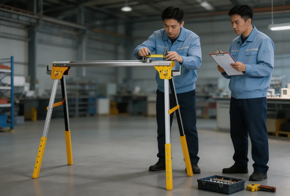 Quality inspection and sample testing of a metal folding sawhorse before production