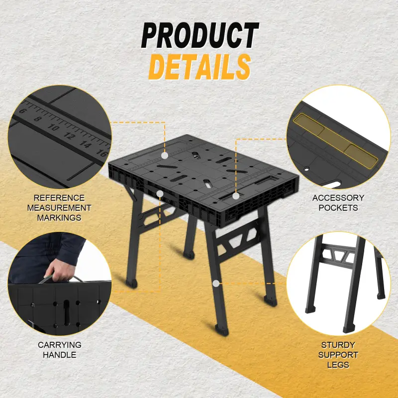 Reinforced metal frame and legs of a folding workbench