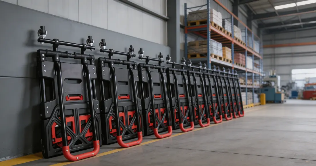 foldable hand cart storage in a warehouse