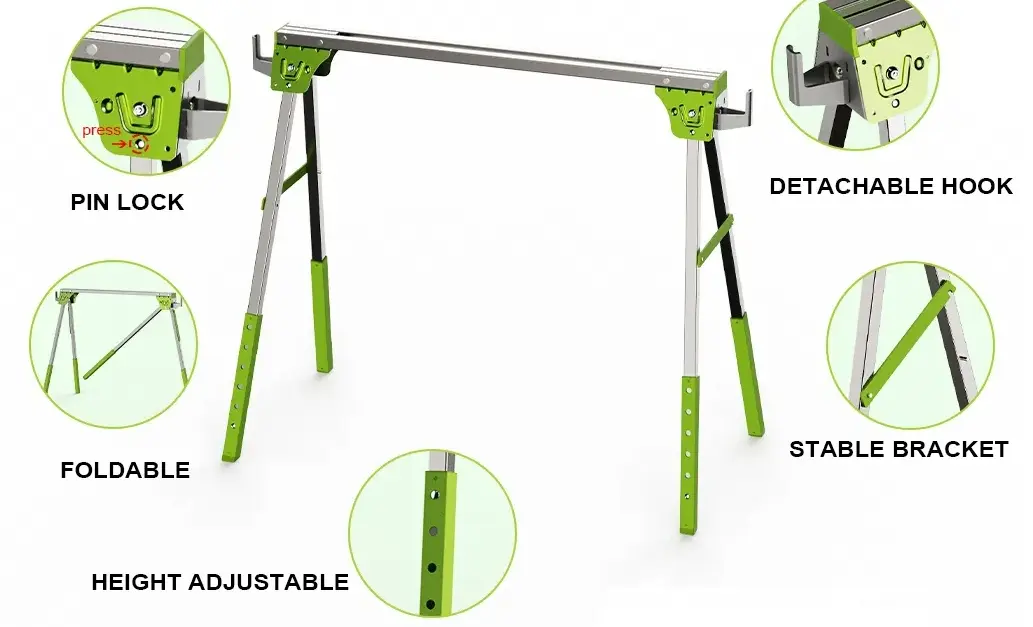folding sawhorse frame and component construction