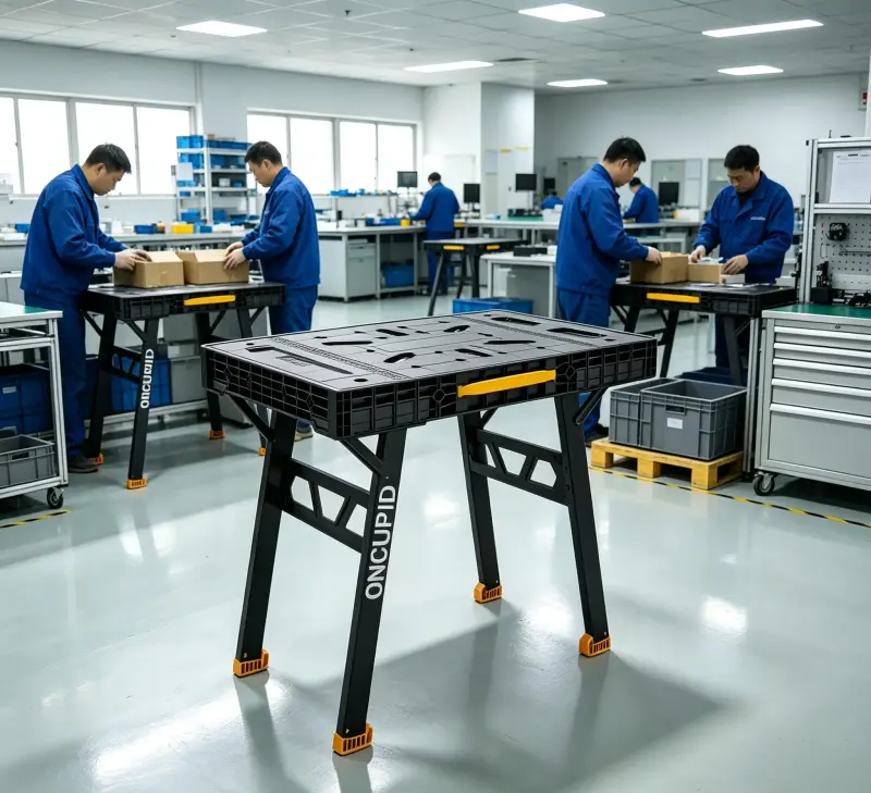 heavy duty folding workbench in an industrial workshop