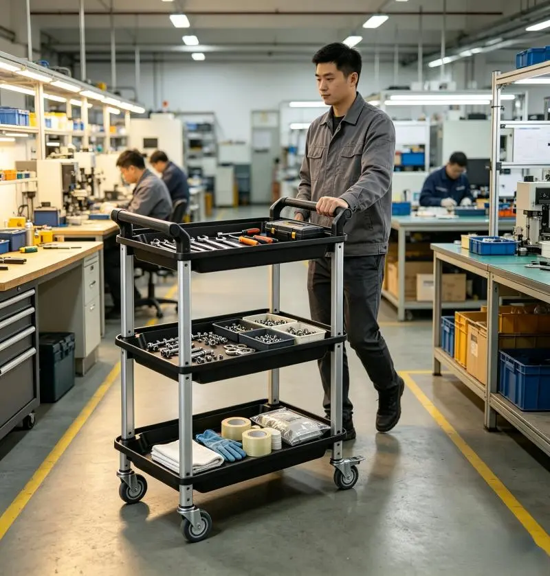 three tier rolling cart moving between workshop workstations