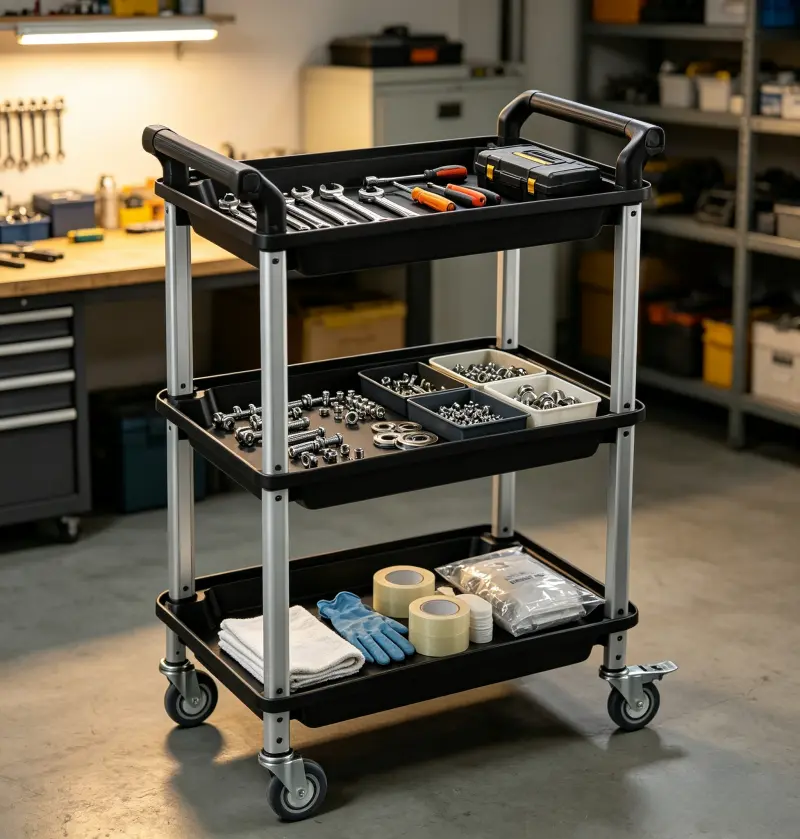 three tier rolling utility cart for tools parts and supplies
