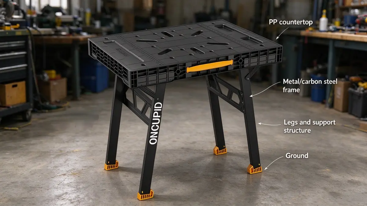 750kg heavy duty folding workbench load path with PP tabletop and metal frame