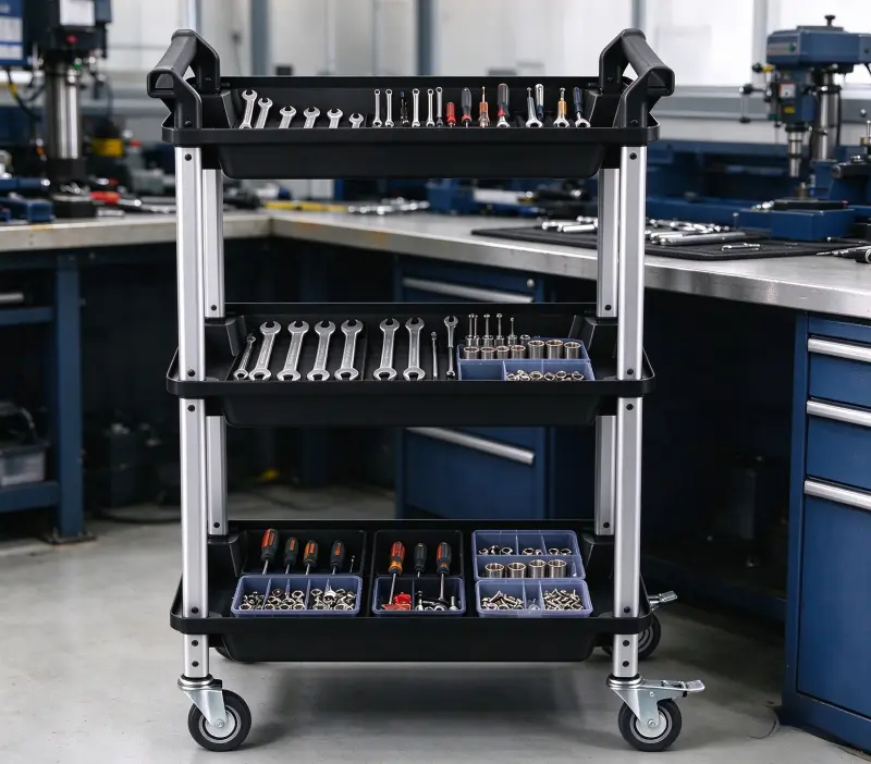 A reset three tier tool cart ready for the next workshop shift