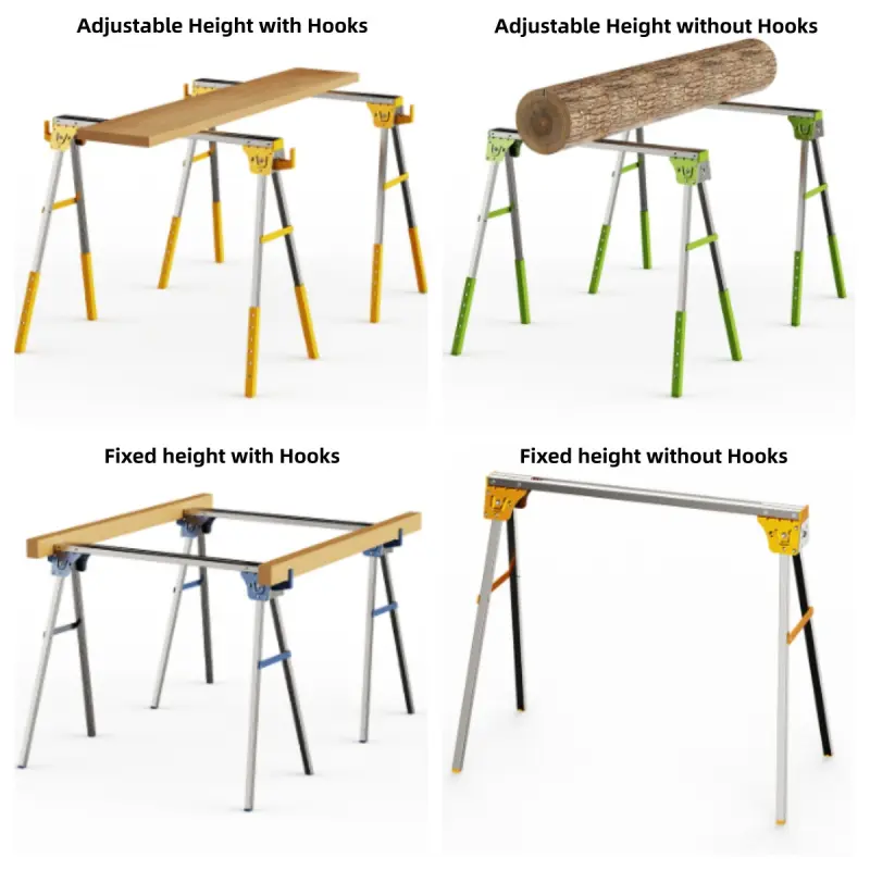 Folding sawhorse configurations with different frame and hook options