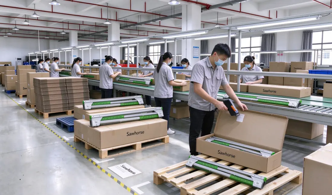 Folding sawhorses prepared for export packing and shipment