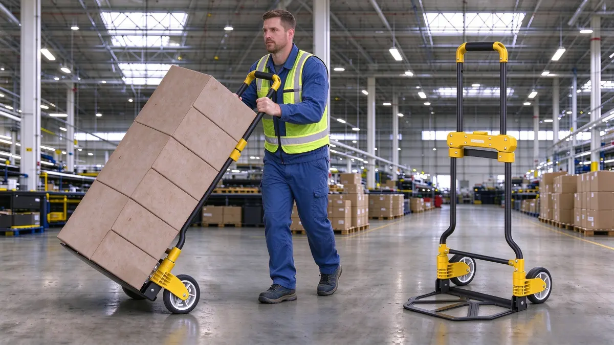 Illustration comparing static and moving load conditions for a folding hand truck