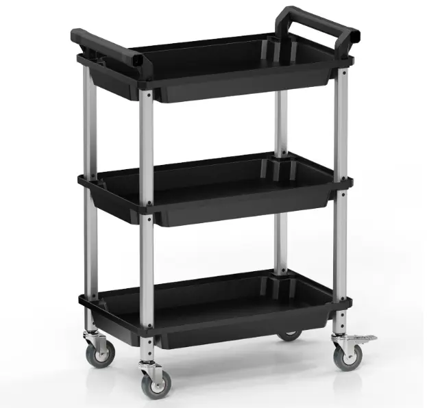 Jingyan black three tier rolling utility cart with polypropylene shelves and aluminum tubing