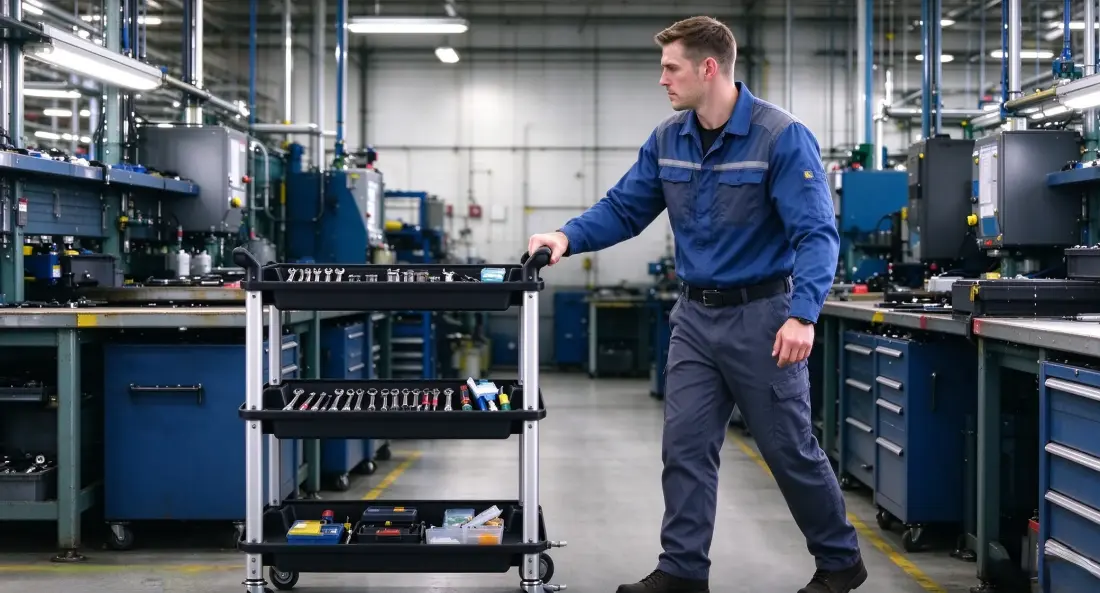 Moving a three tier tool cart between workshop workstations