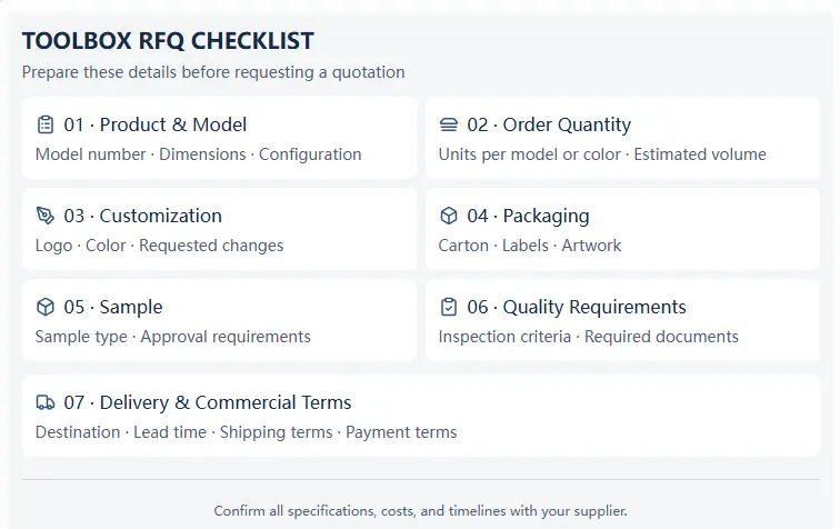 Toolbox RFQ template showing specifications quantity packaging and quality requirements